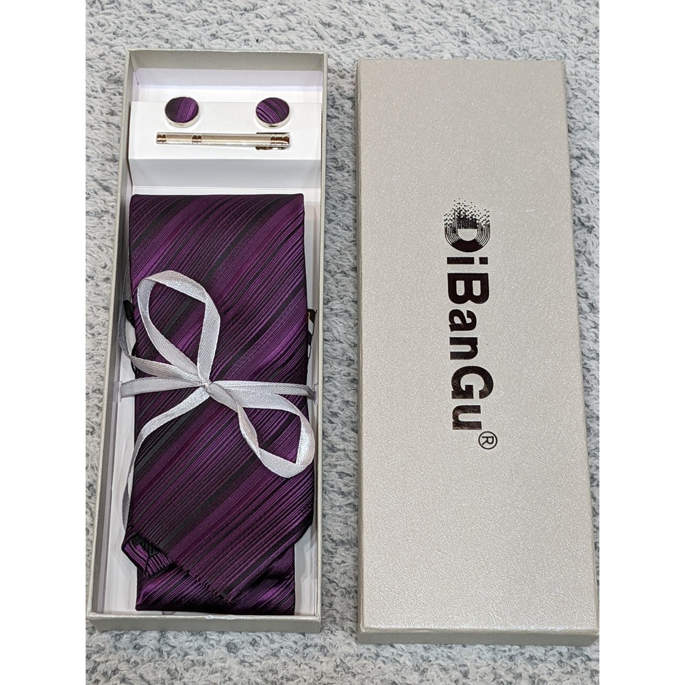 DiBanGu Men's Tie Gift Set Purple Black Striped Cufflinks Tie Clip Boxed‎ 3"x60"